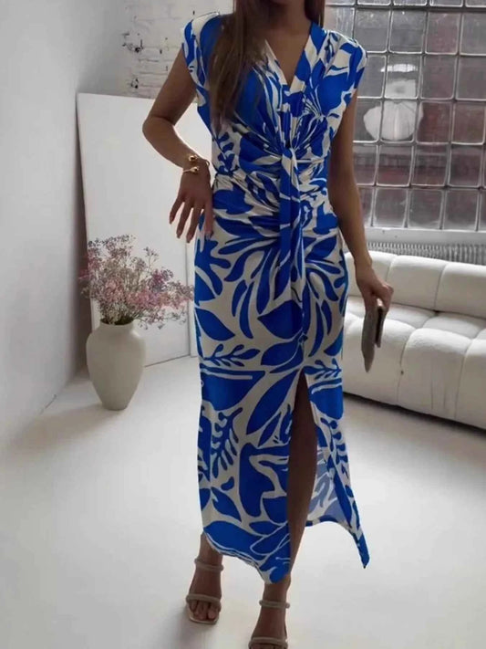 Full Size Slit Printed V-Neck Midi Dress Plus Size