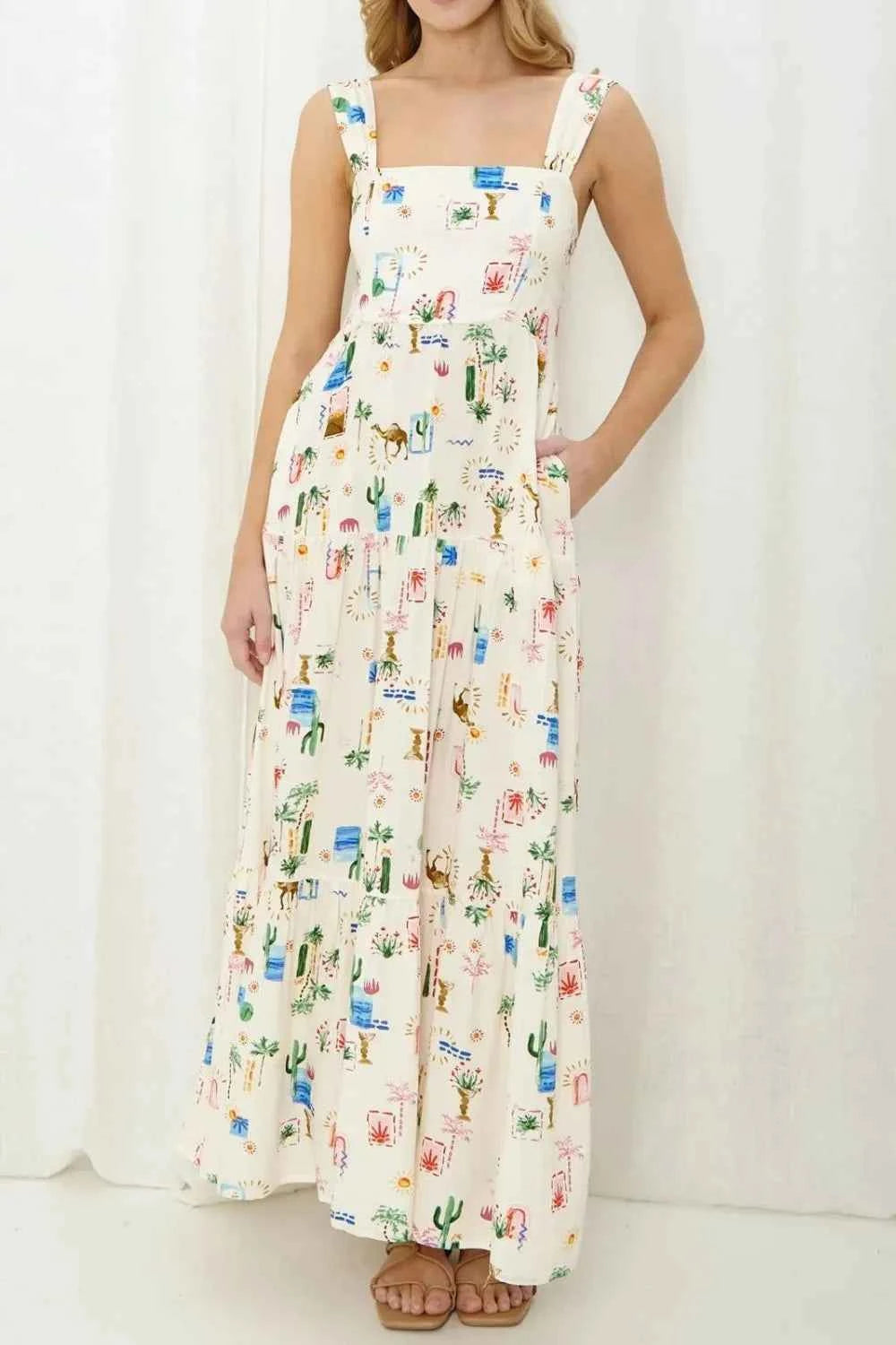 Printed Square Neck Wide Strap Maxi Dress