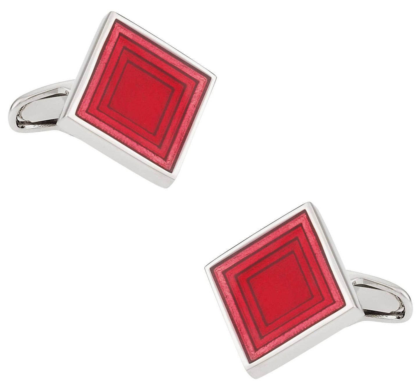 Red square cufflinks with silver borders on a white background