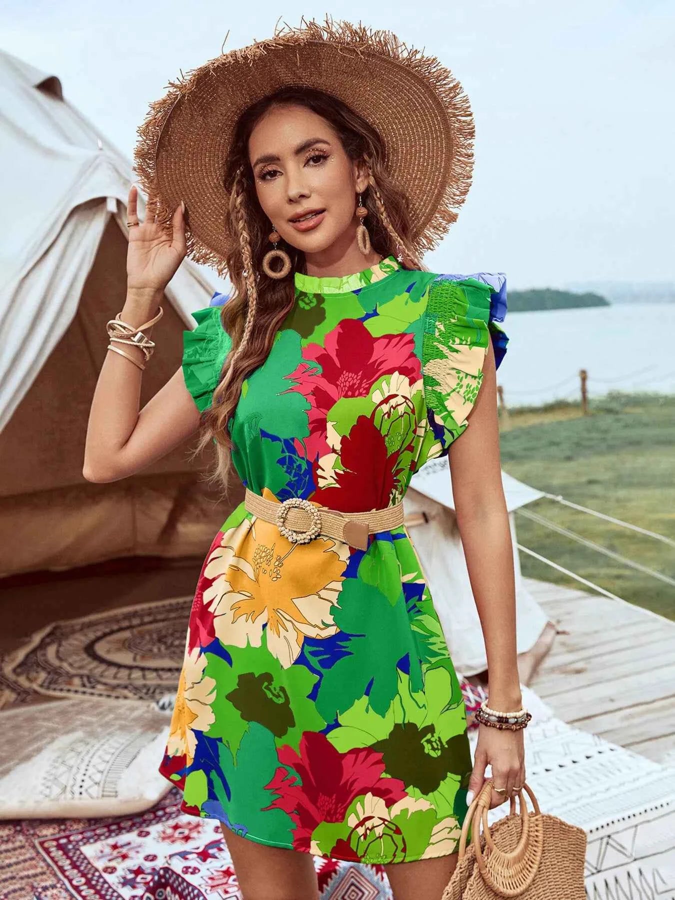 Printed Ruffled Cap Sleeve Mini Dress