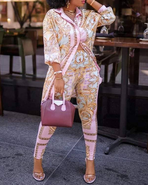 Print lantern sleeve top high waist pants set