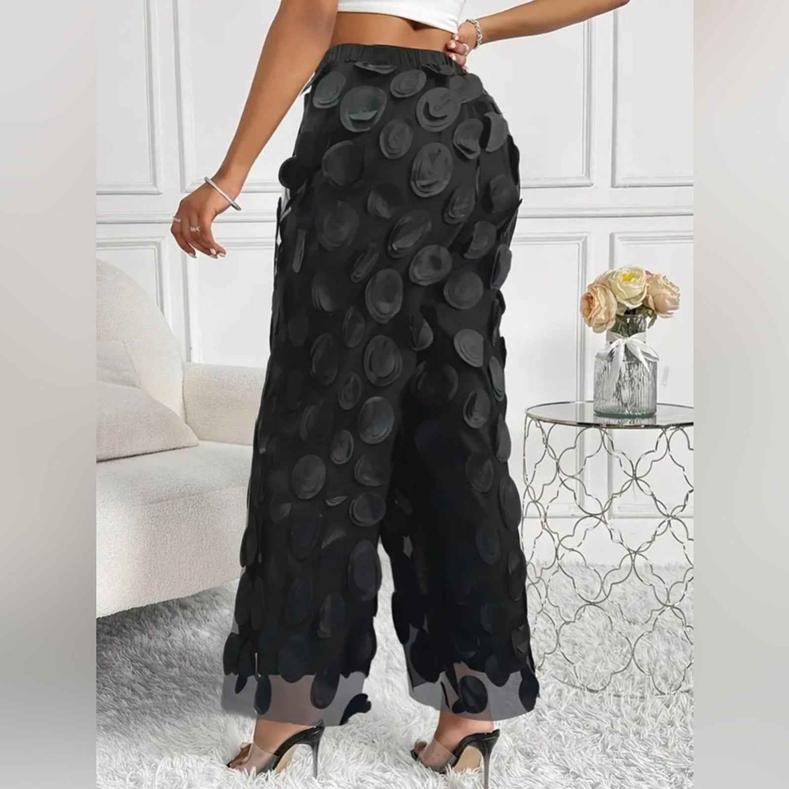 Circle Patched Wide Leg Solid Pants, Stylish High Waist Mesh Pants