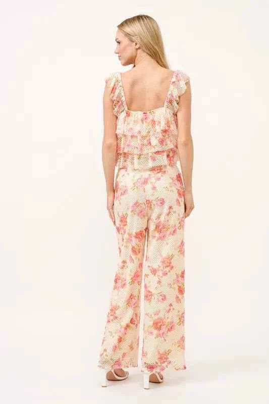 And The Why Tiered Ruffled Floral Fishnet Top