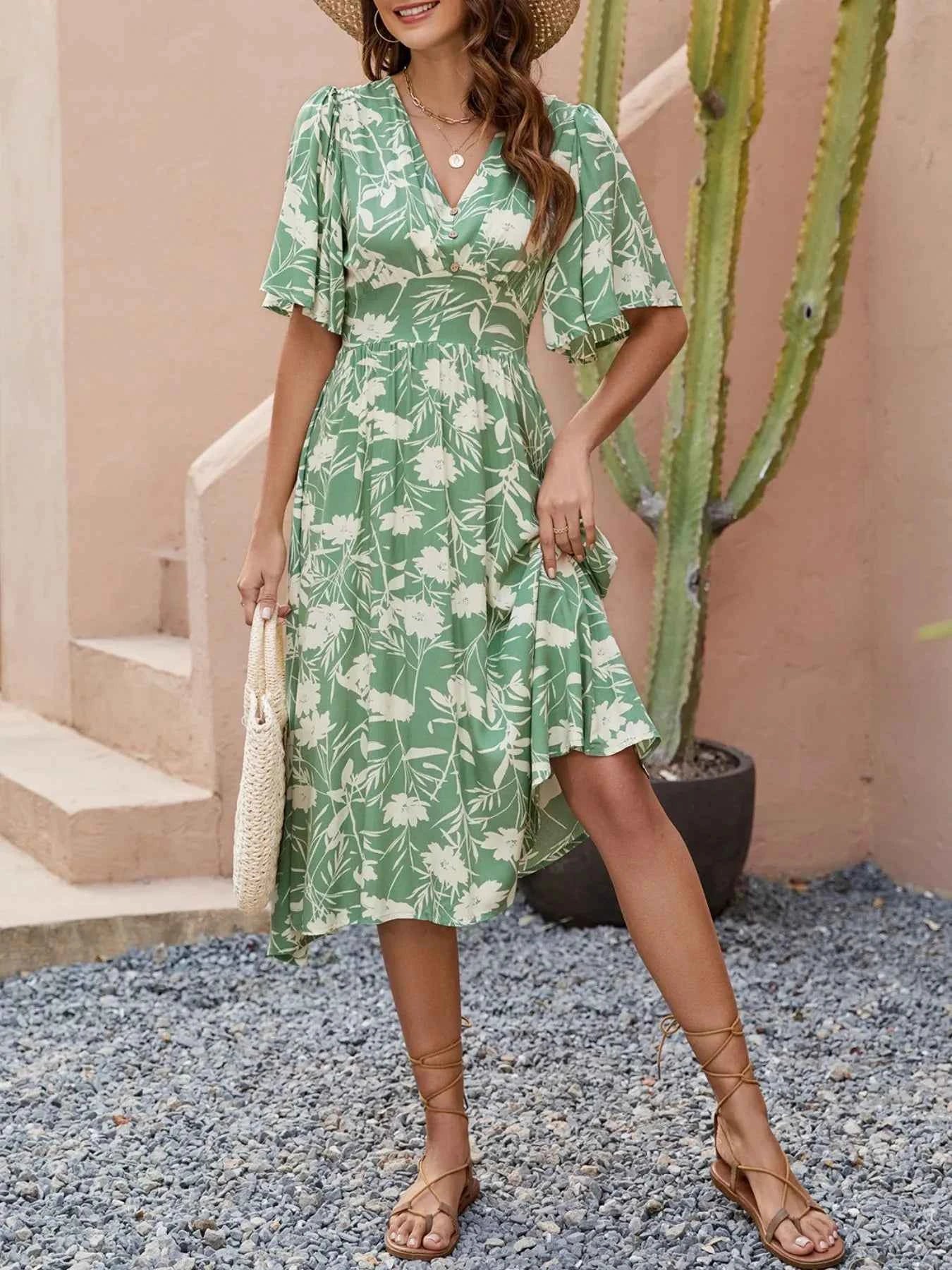 Printed V-Neck Flutter Sleeve Midi Dress