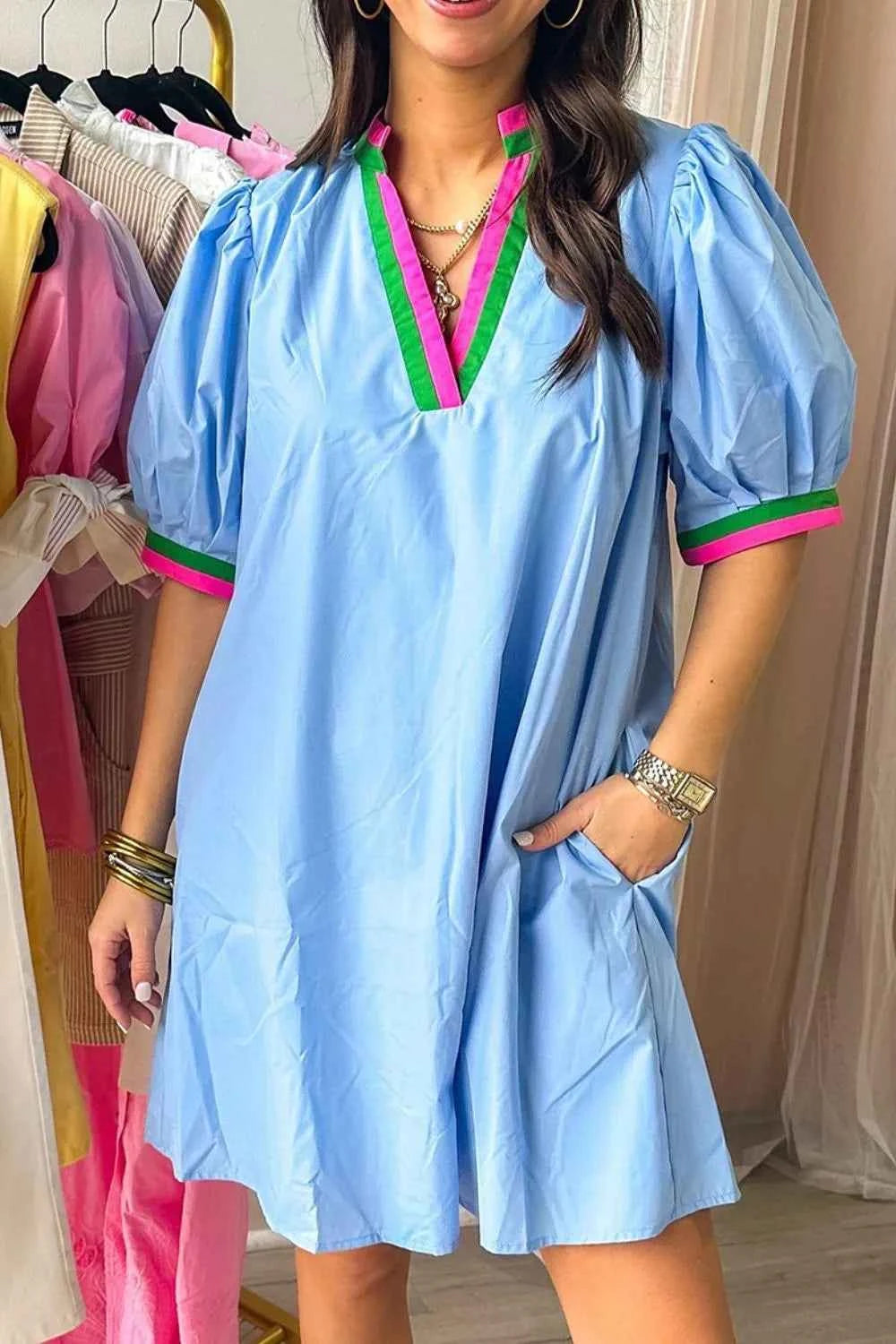 Notched Puff Sleeve Swing Dress