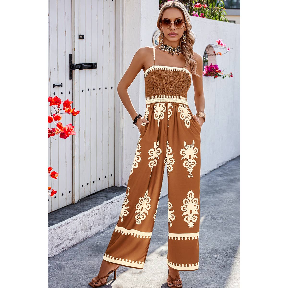 Off Shoulder Ruched Printed High Waist Jumpsuit