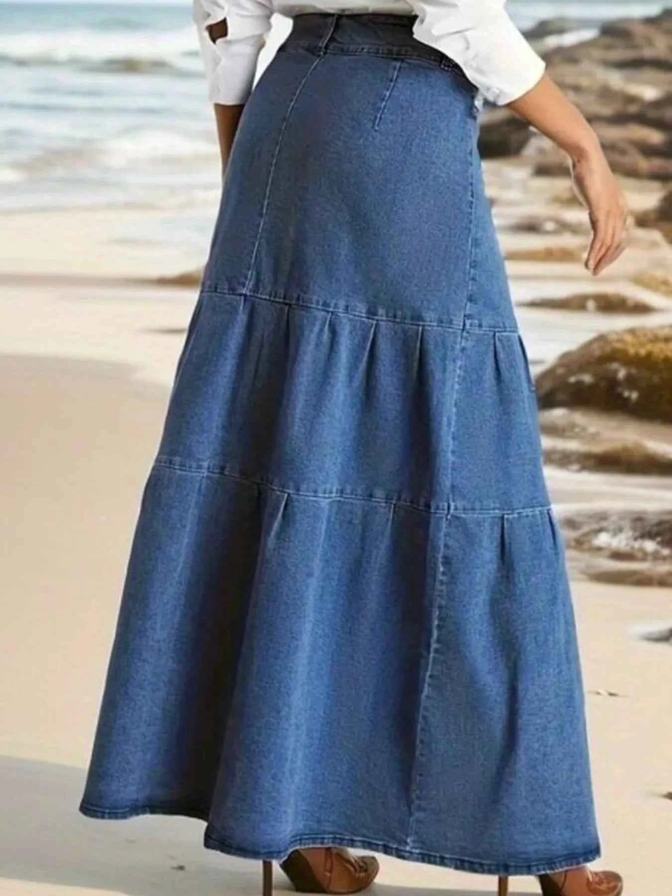 Tiered Maxi Denim Skirt with Zipper Detail