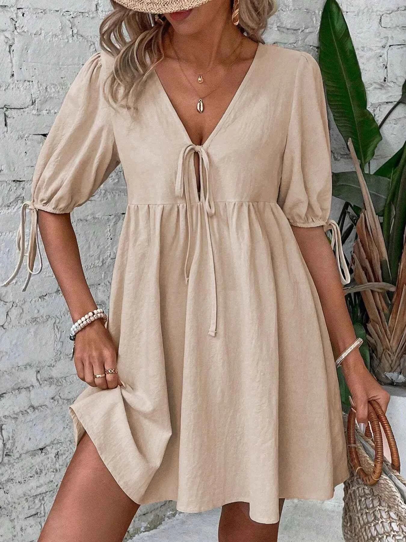 V-Neck Tie-Front Mini Dress with Puff Sleeves