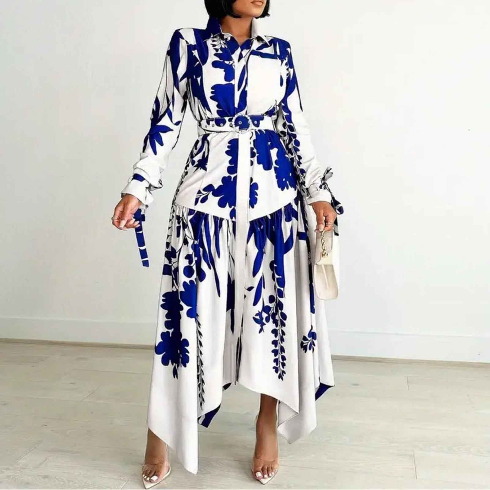 Elegant Blue & White Floral Midi Dress β Belted Button-Up, Long Sleeve,