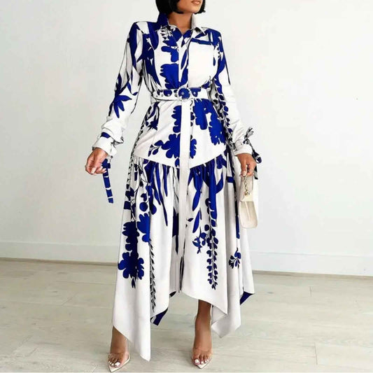 Elegant Blue & White Floral Midi Dress – Belted Button-Up, Long Sleeve,