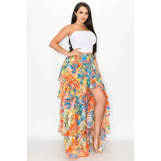 Open Front Tiered Ruffle Flare Printed Maxi Skirt