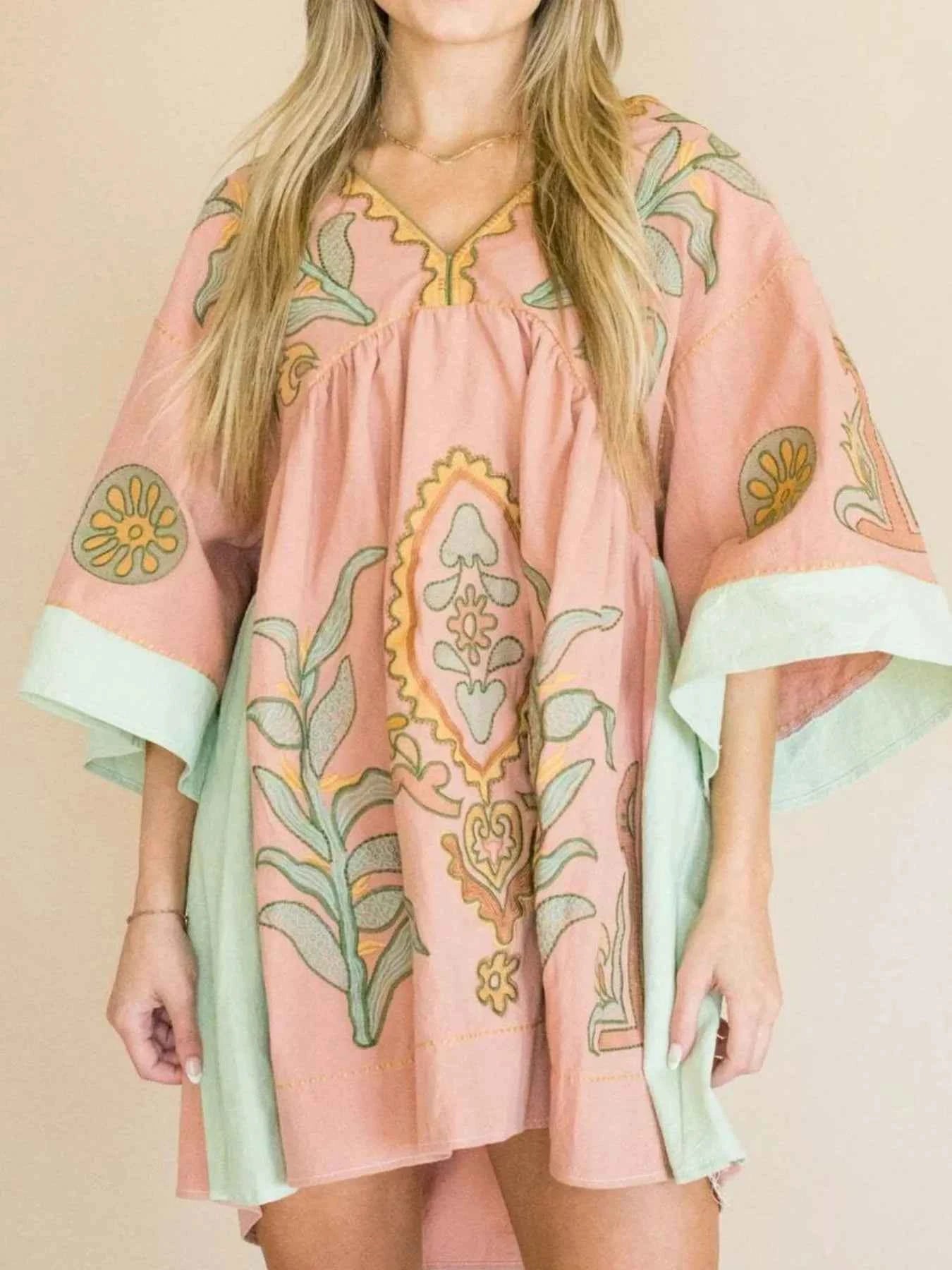 Printed V-Neck Kimono Sleeve Mini Dress