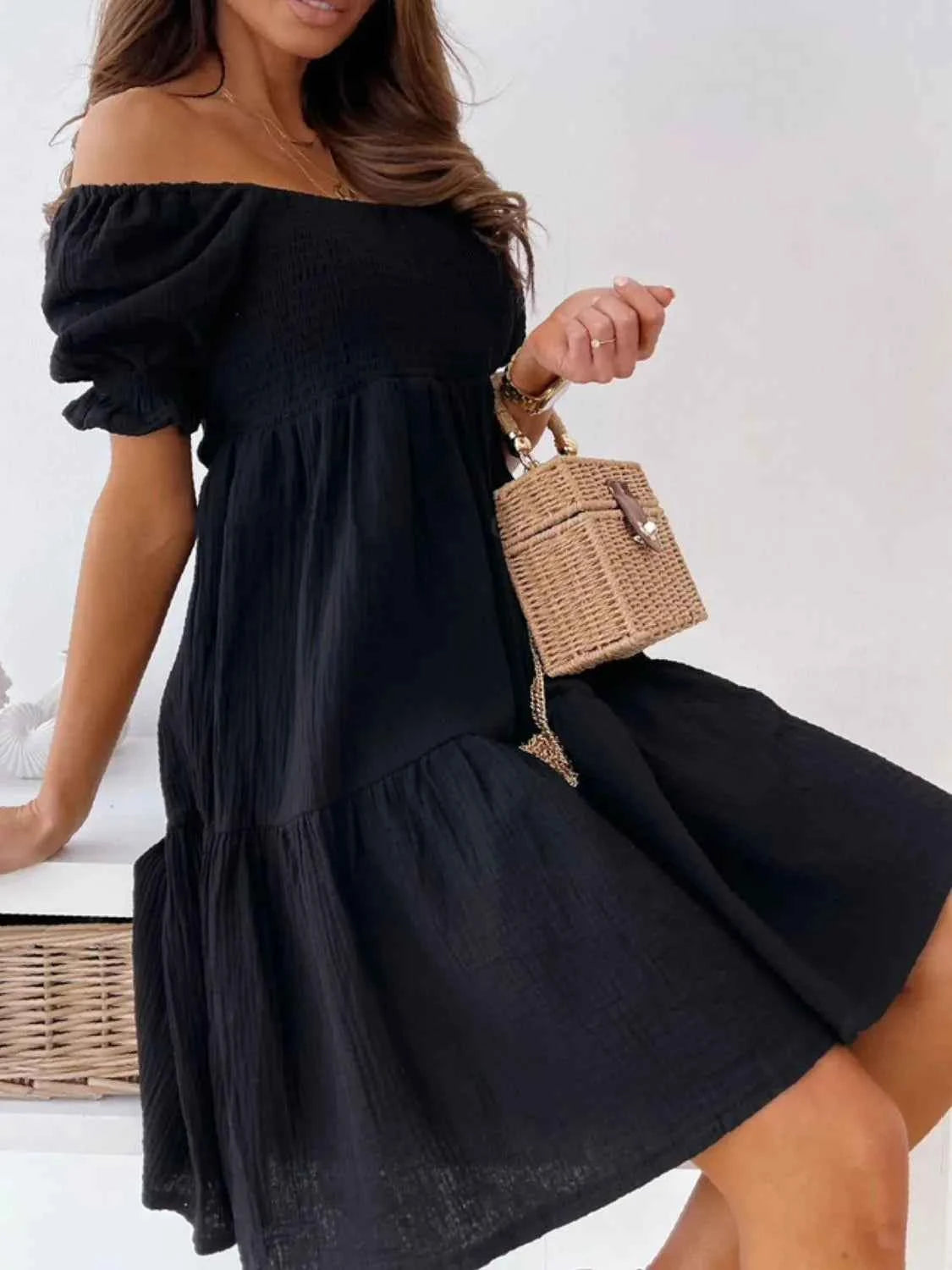Smocked Off-Shoulder Mini Dress