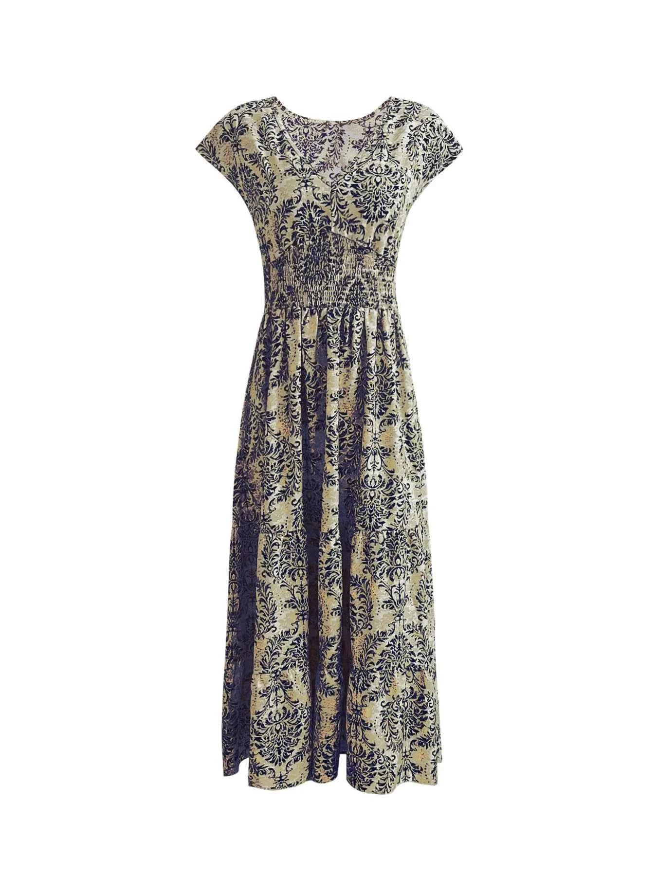 Printed V-Neck Cap Sleeve Maxi Dress