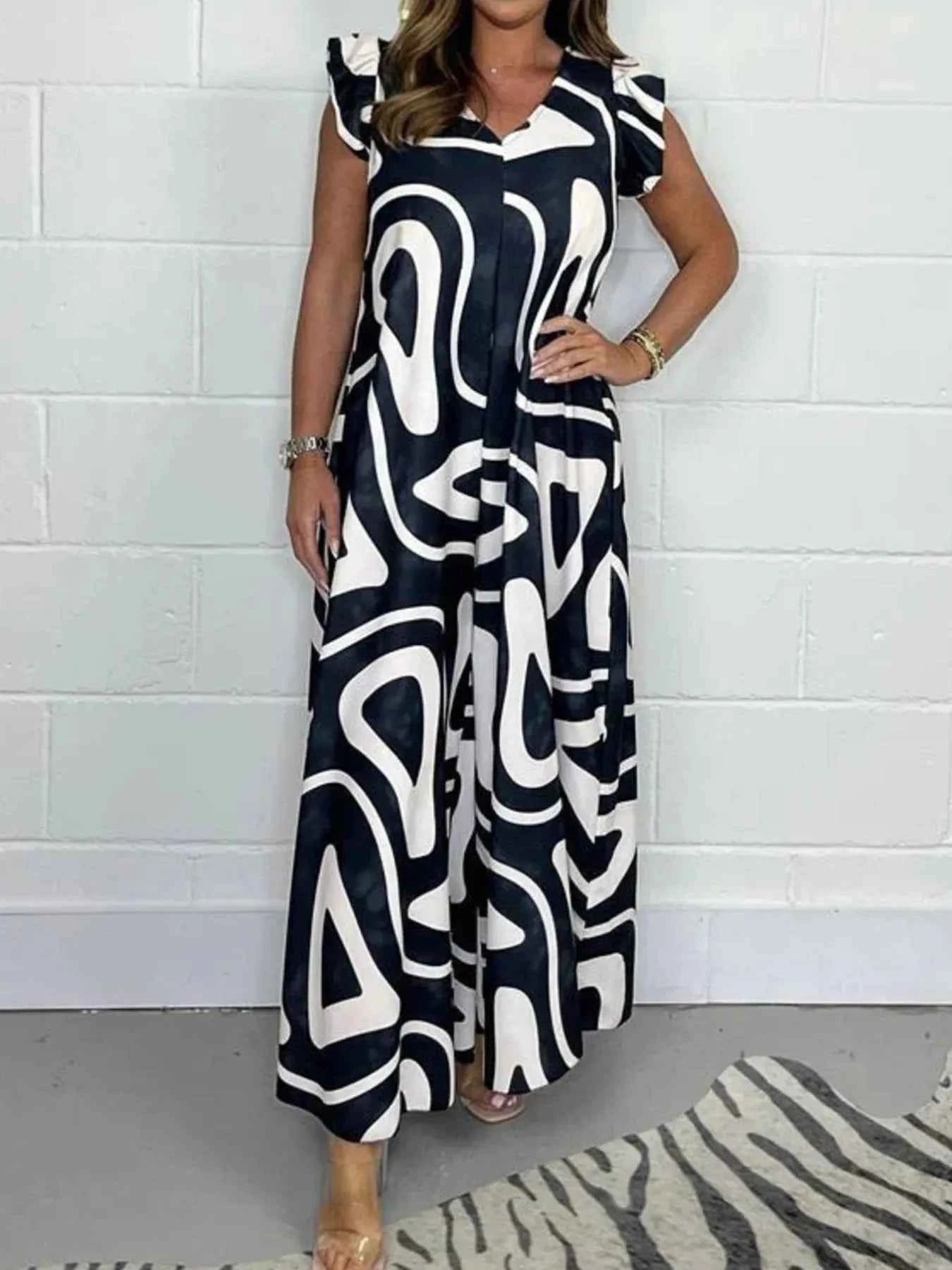 Full Size Printed Wide-Leg Jumpsuit with Flutter Sleeves Plus Size