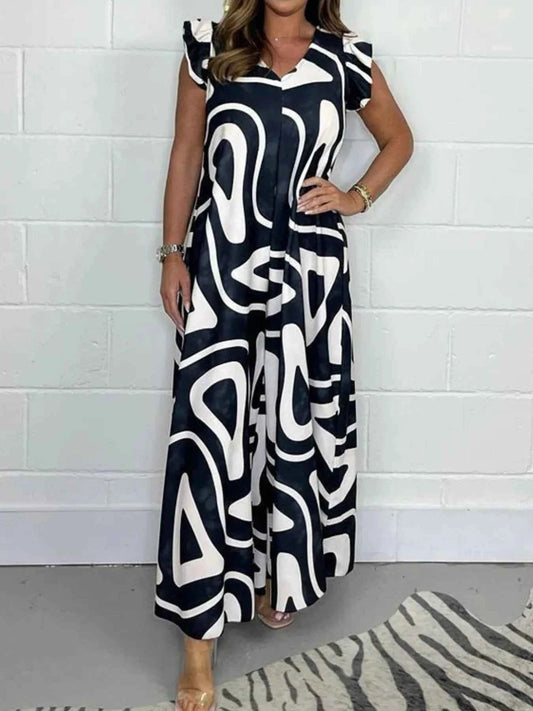 Full Size Printed Wide-Leg Jumpsuit with Flutter Sleeves Plus Size