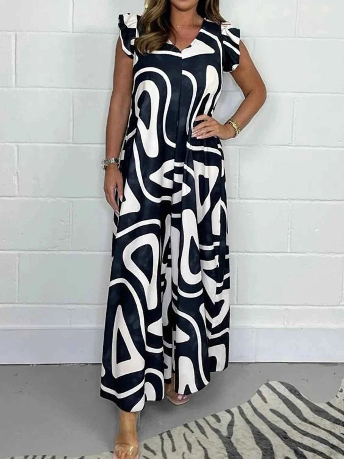 Full Size Printed Wide-Leg Jumpsuit with Flutter Sleeves Plus Size