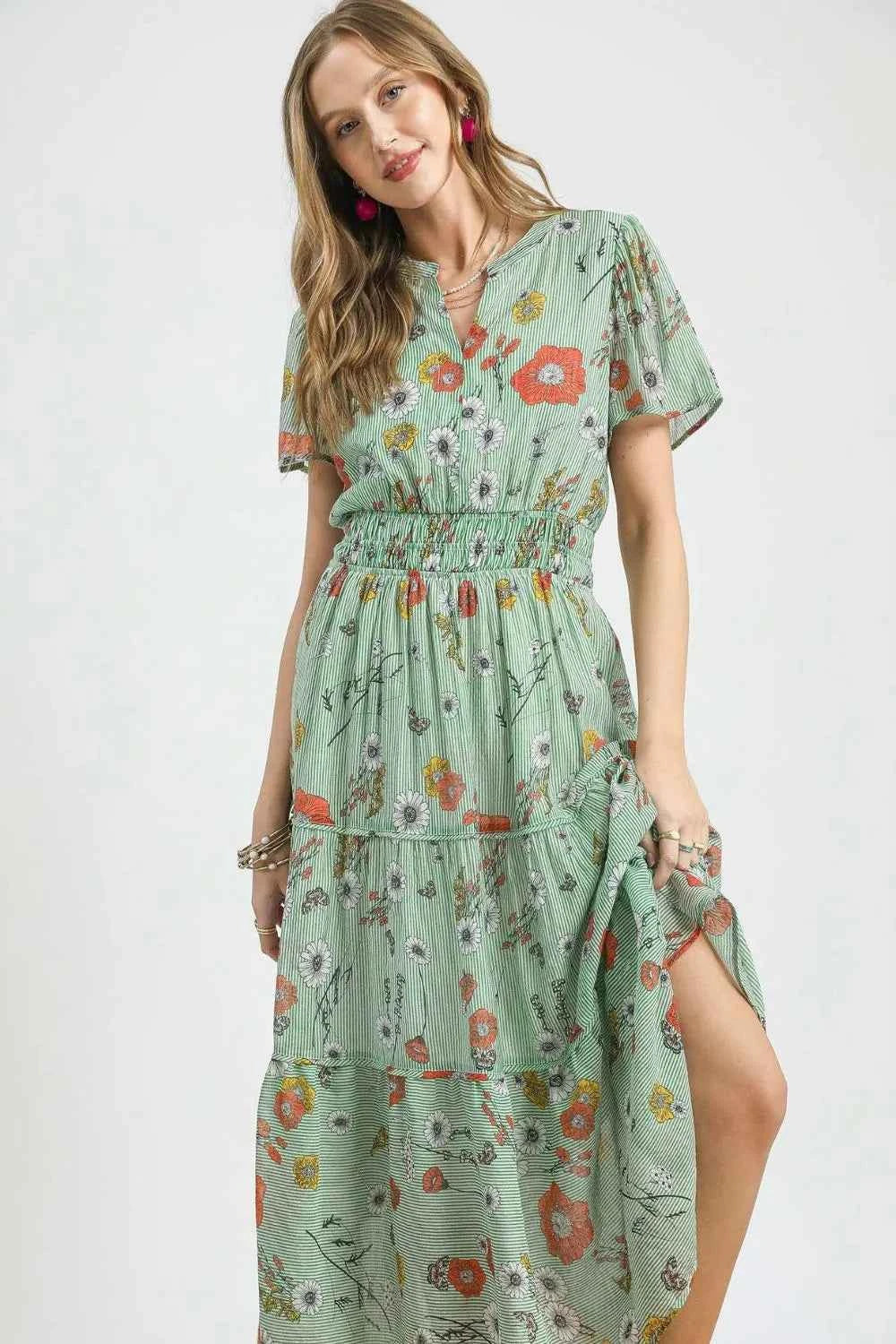Umgee Smocked Waist Floral Short Sleeve Midi Dress
