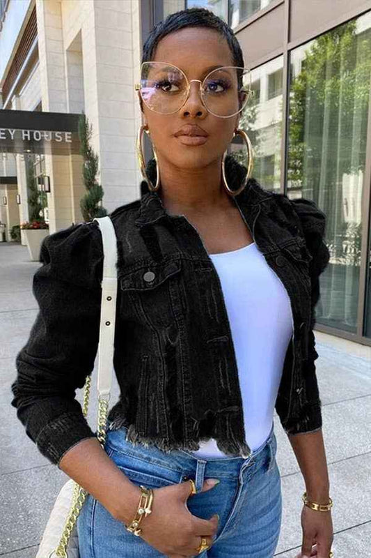 Trendy Short Puff Sleeve Distressed Denim Jacket