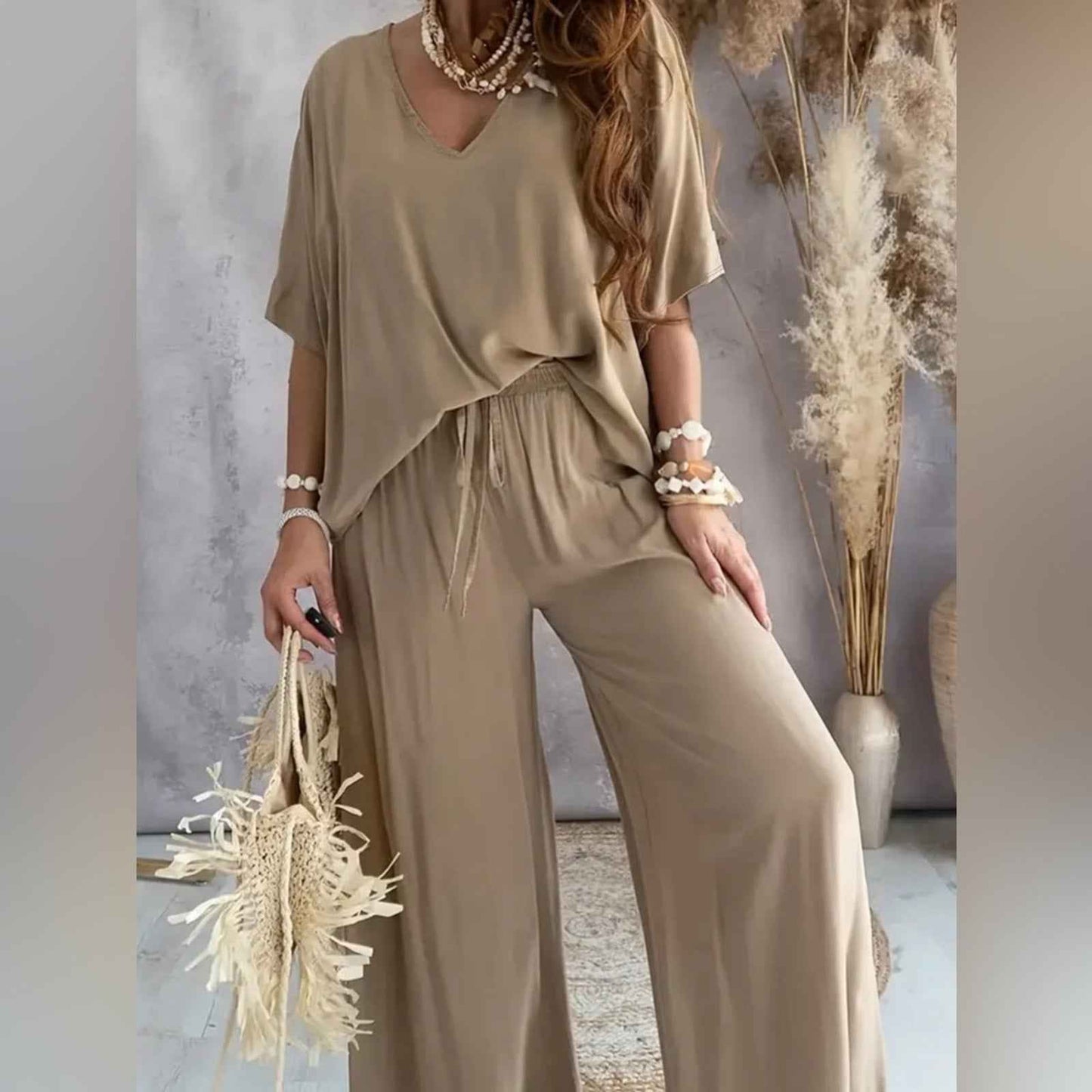 Chic White Lounge Set – Flowy V-Neck Top & Wide-Leg Pants for All White Party