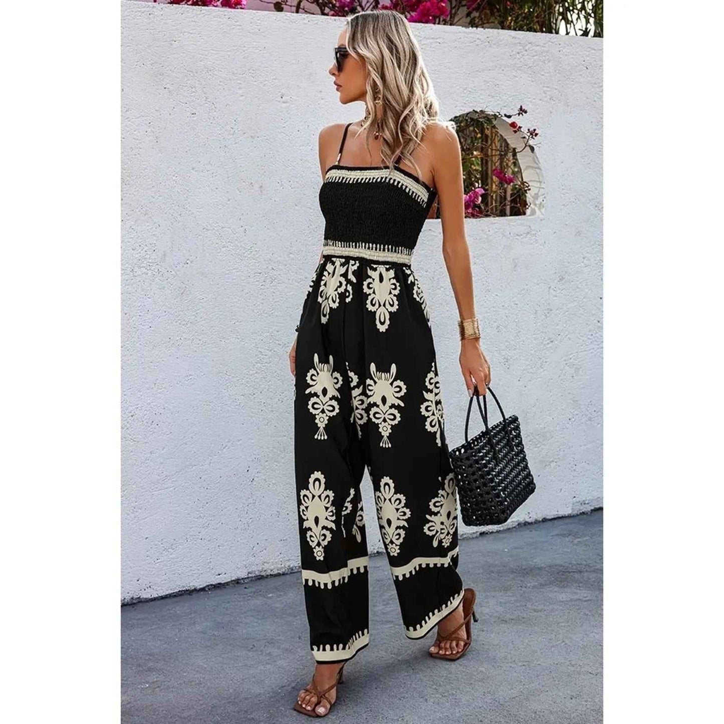 Boho Off Shoulder Ruched Printed High Waist Wide Leg Jumpsuit