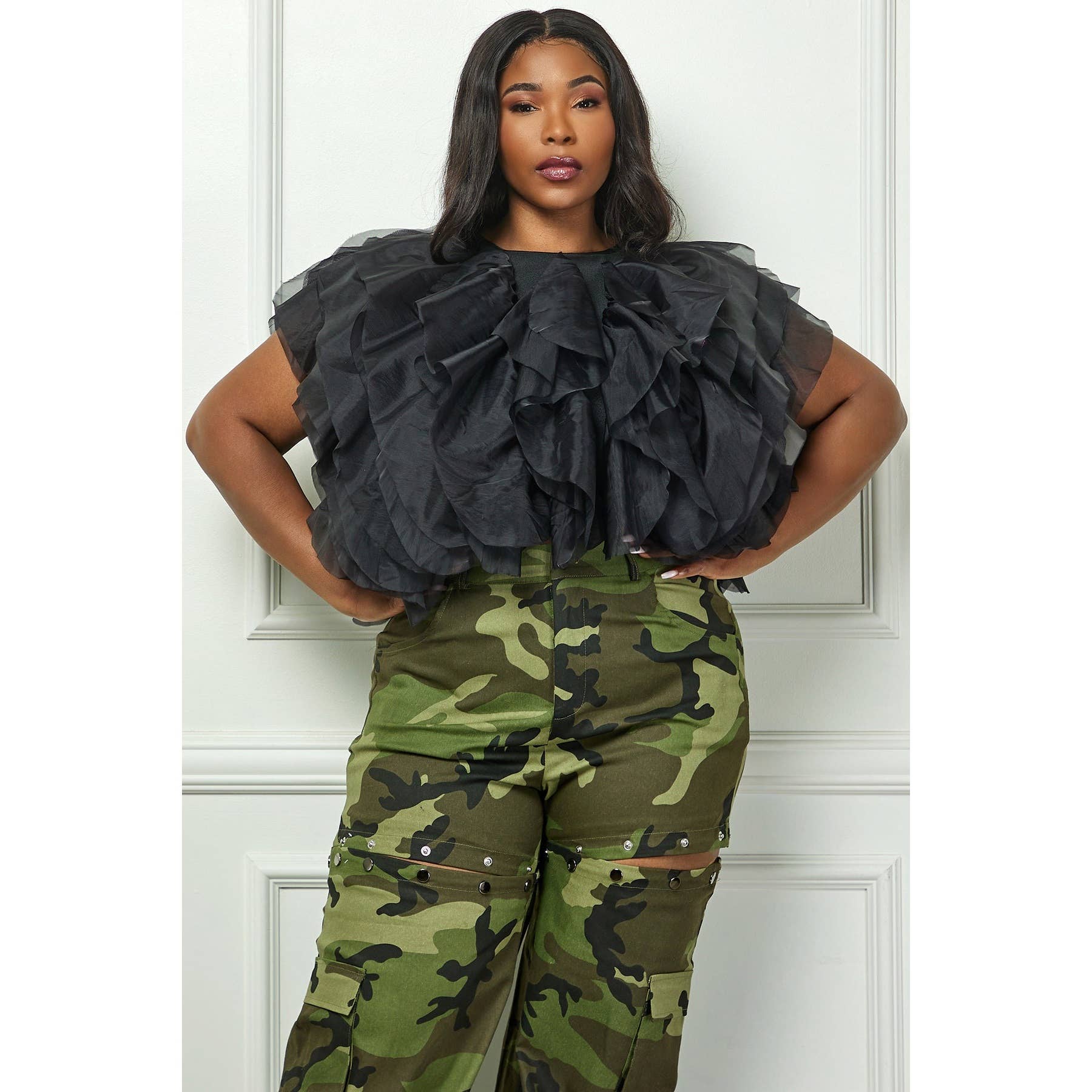 Black PLUS RUFFLE CROP TOP