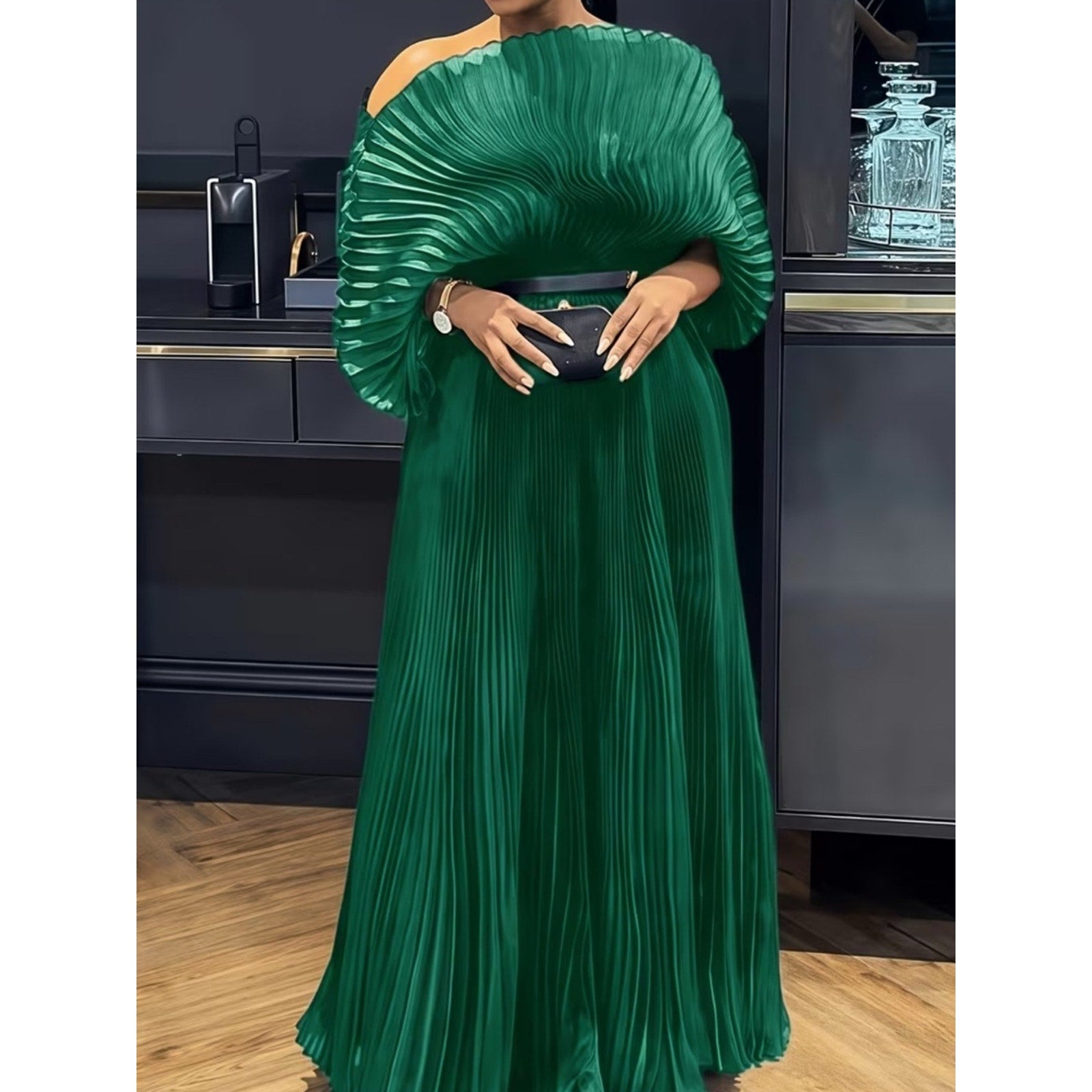 Elegant Green Pleated One-Shoulder Evening Dress