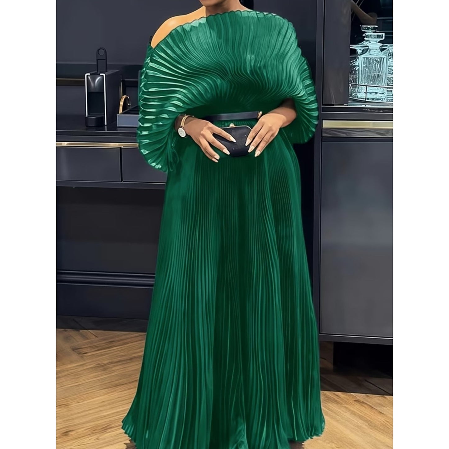 Elegant Green Pleated One-Shoulder Evening Dress
