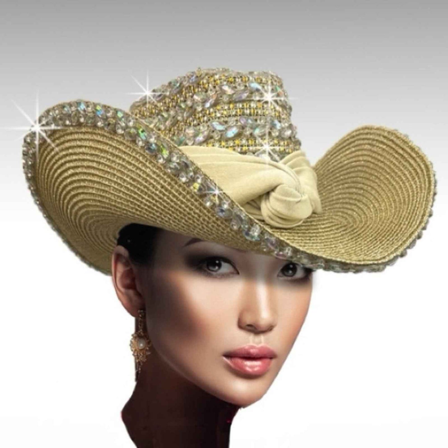 Glamorous Crystal-Embellished Western Straw Hat in Cream