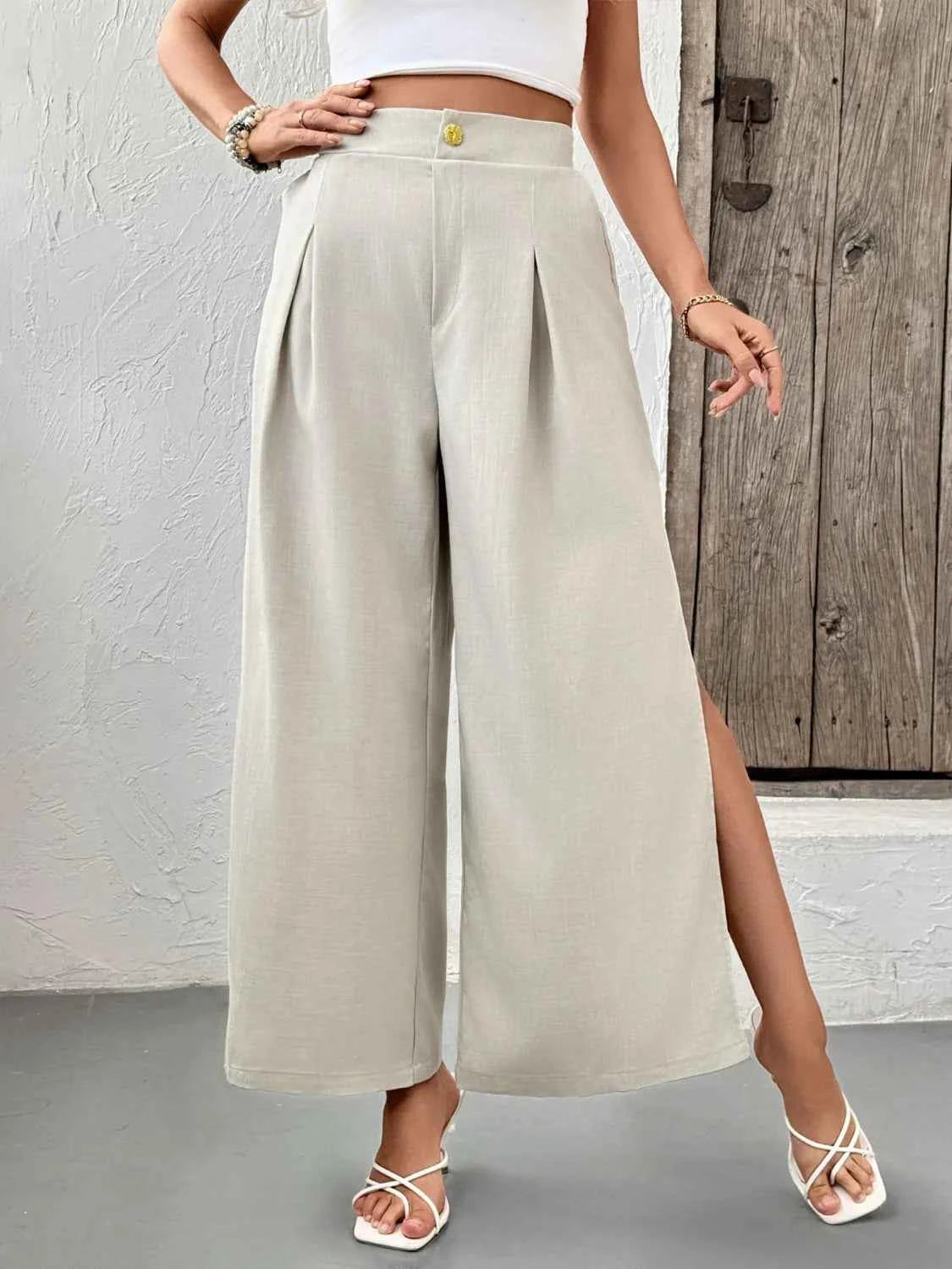 Slit Wide Leg Pleated Pants