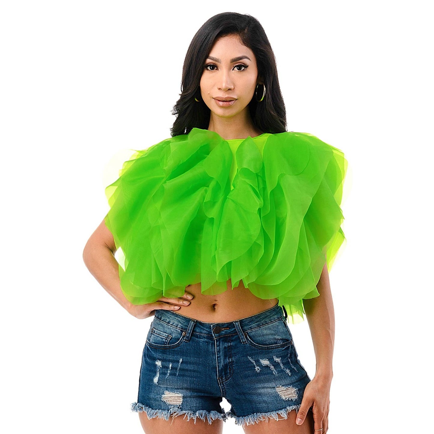 PLUS SIZE RUFFLE TULLE CROP TOP BLOUSE