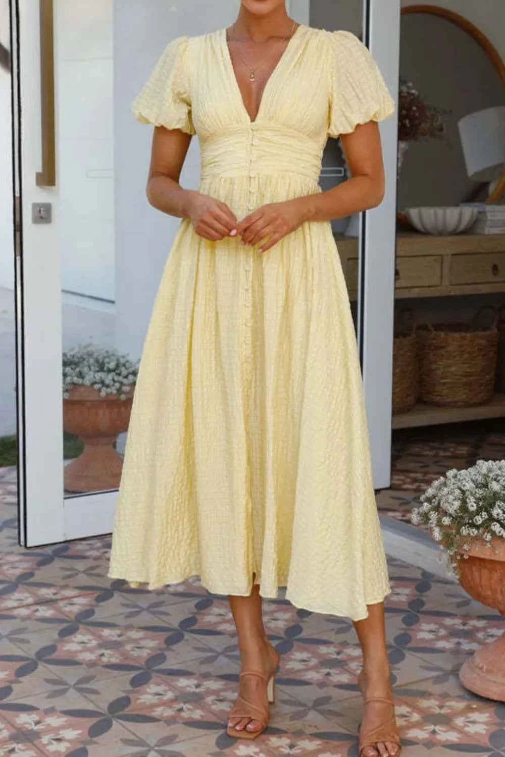 V-Neck Puff Short Sleeve Midi Dress