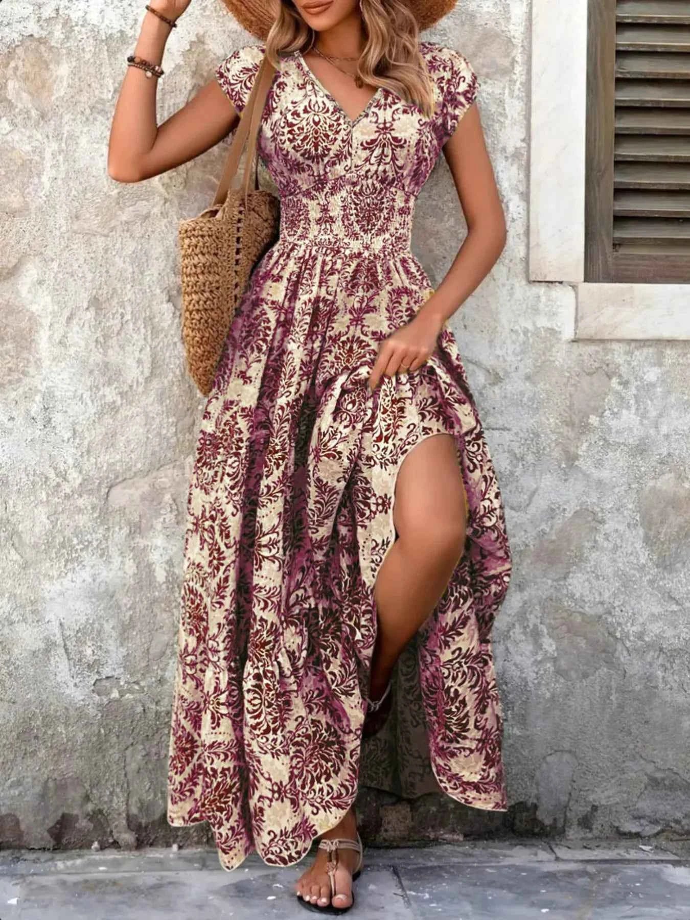 Printed V-Neck Cap Sleeve Maxi Dress