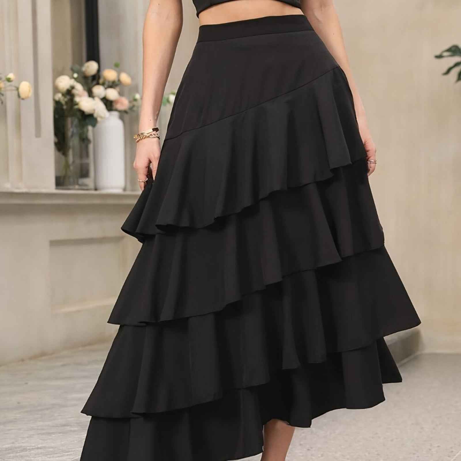Elegant Ruffle Hem Tiered Skirt - High Waist Perfect for Womens Curvy Figure