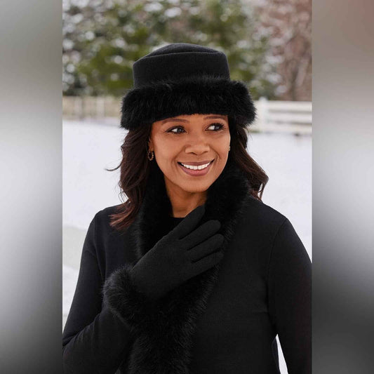 Elegant Churchwear Fleece Hat & Glove Set with Faux Fur Trim – Sunday Chic