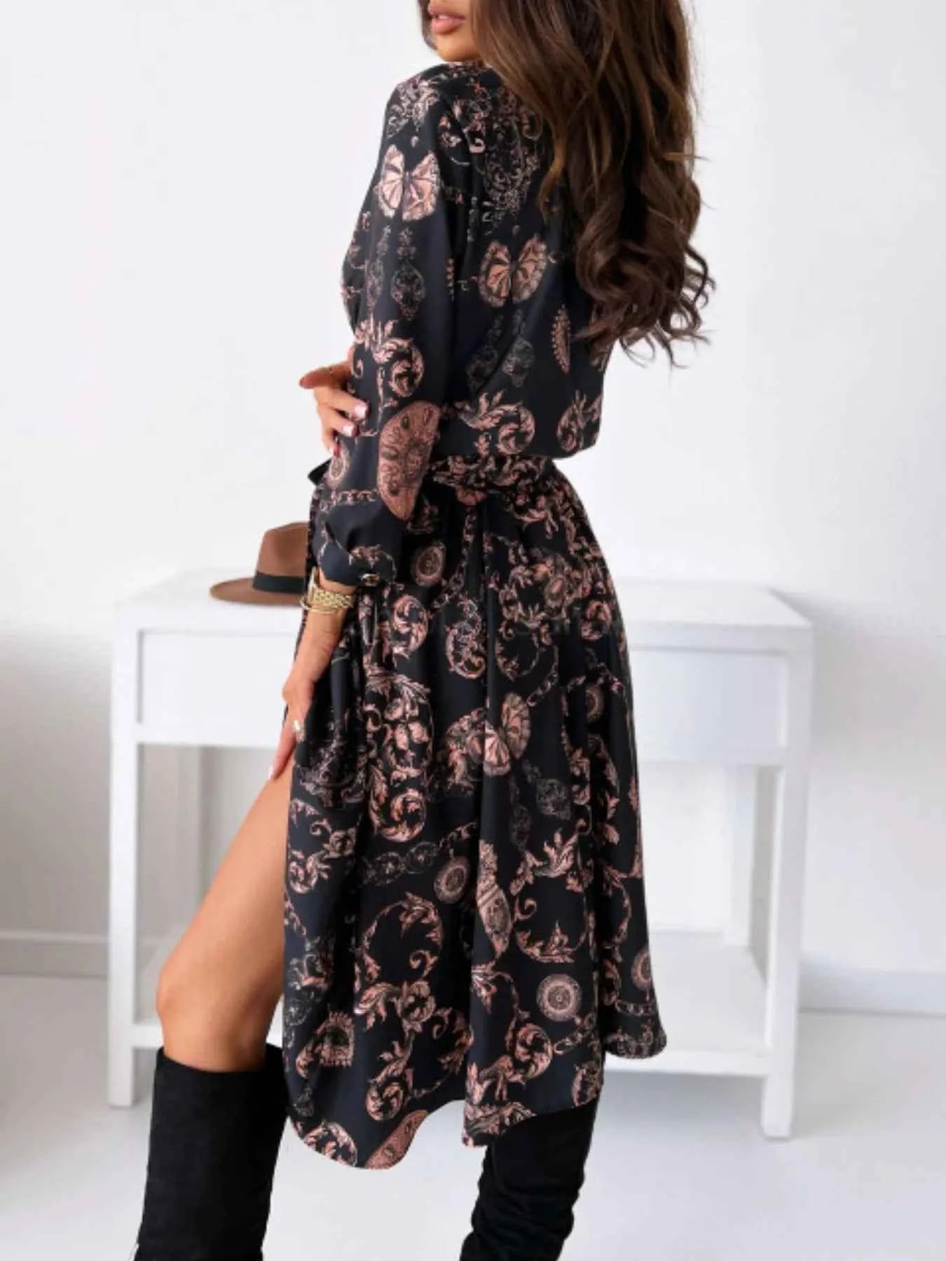 Printed Tie Waist Midi Dress