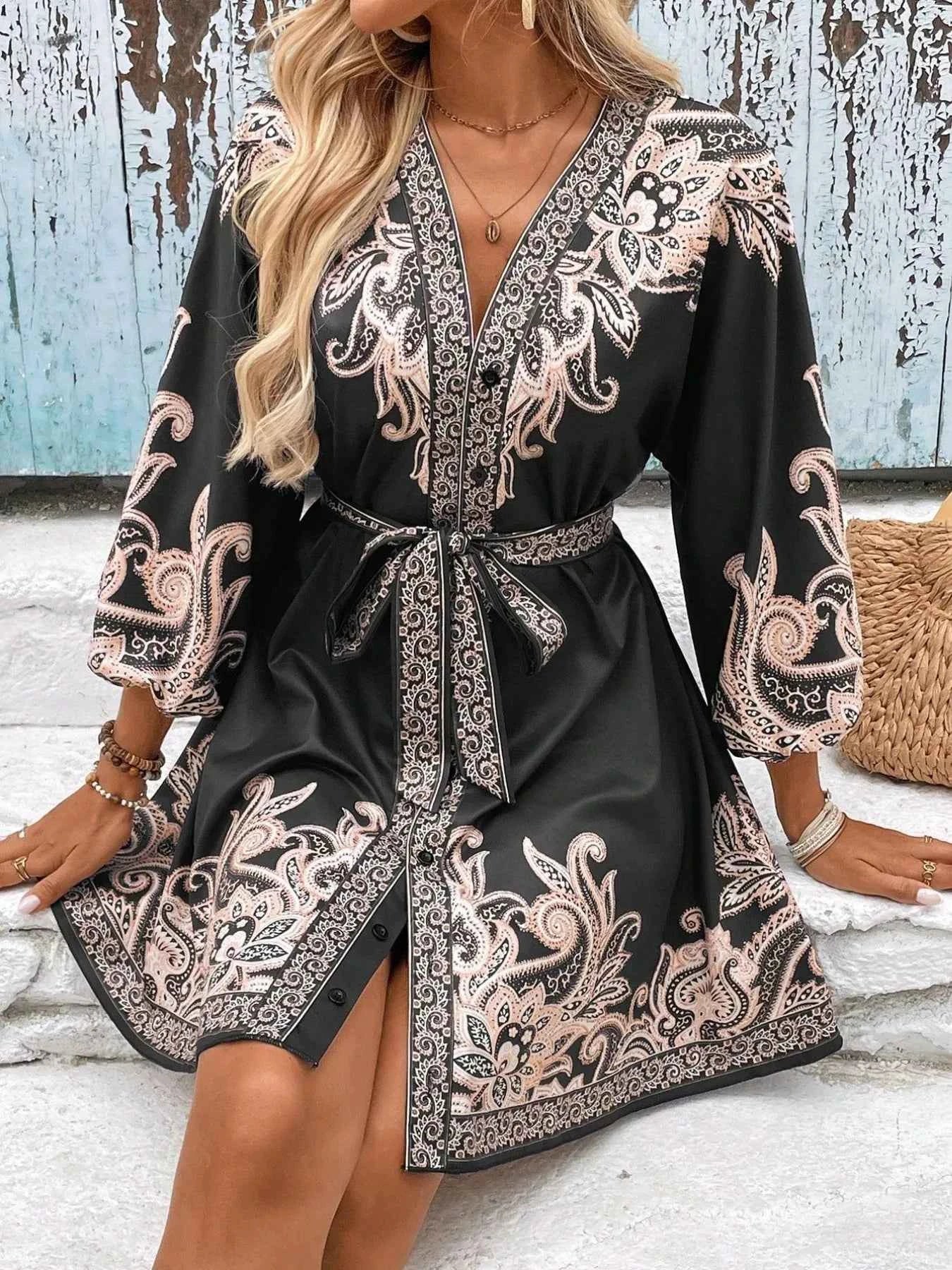 Printed V-Neck Balloon Sleeve Mini Dress