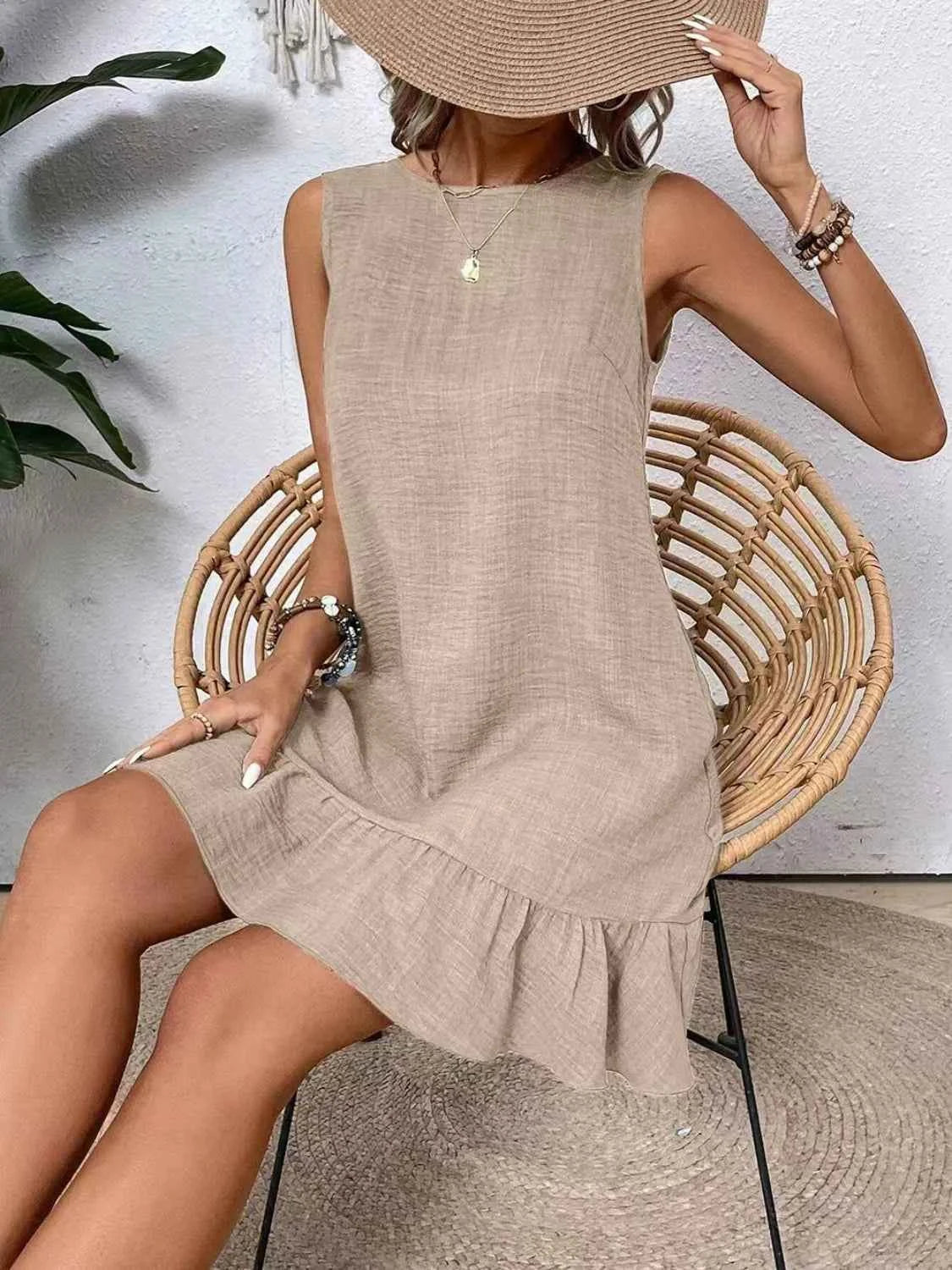 Ruffled Hem Round Neck Sleeveless Dress