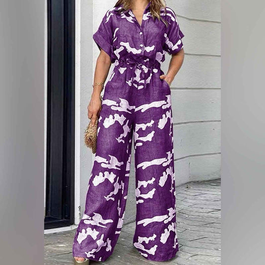 Plus Size Purple and White Abstract Jumpsuit with Flowing Wide-Leg Fit 1X-5X