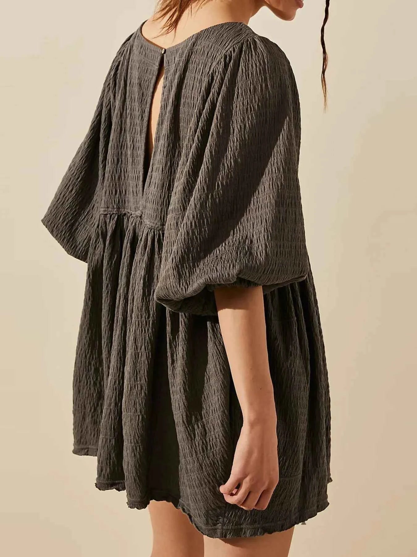 Relaxed Textured Babydoll Mini Dress with Back Keyhole Detail