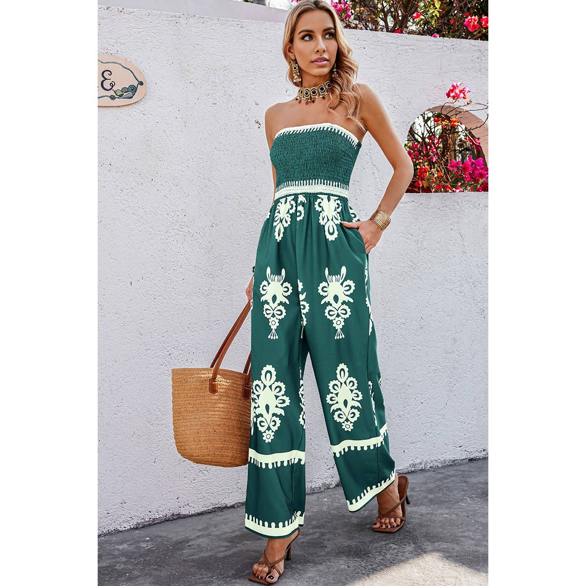 Off Shoulder Ruched Printed High Waist Jumpsuit