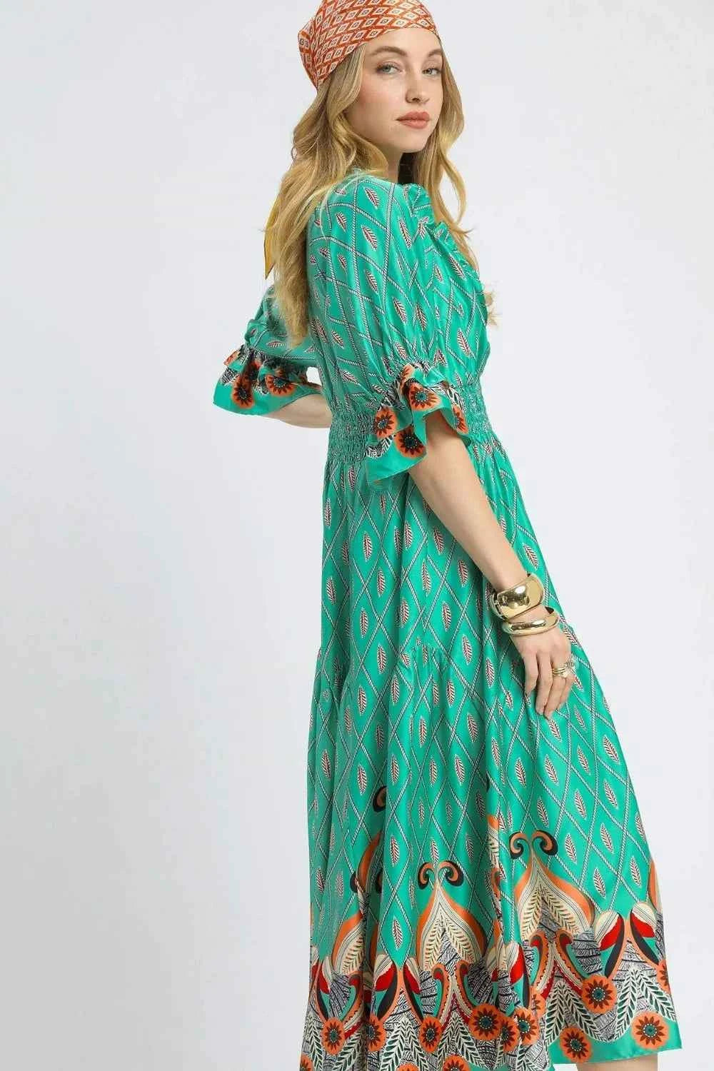 Umgee Printed Smocked Waist Flounce Sleeve Midi Dress
