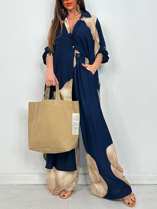 Luxury Blue Colorblock Satin Lounge Set – Oversized Button-Down Shirt & Wide-Leg Pants | Chic Neutral Statement Set