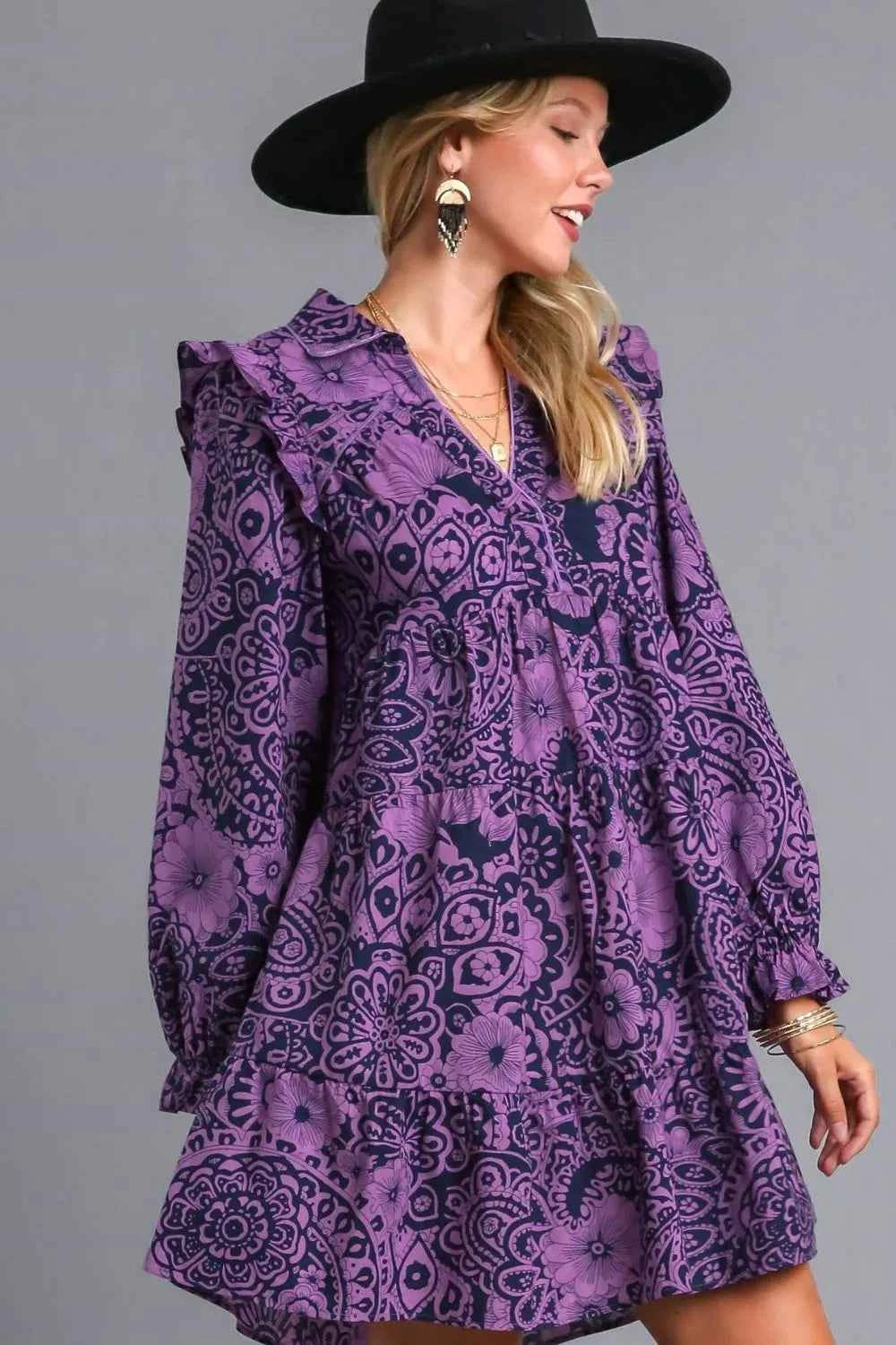 Umgee Full Size Ruffled Printed Piping Detail Long Sleeve Dress Plus Size