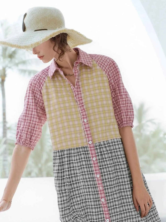 Colorful Mixed Gingham Shirt Dress