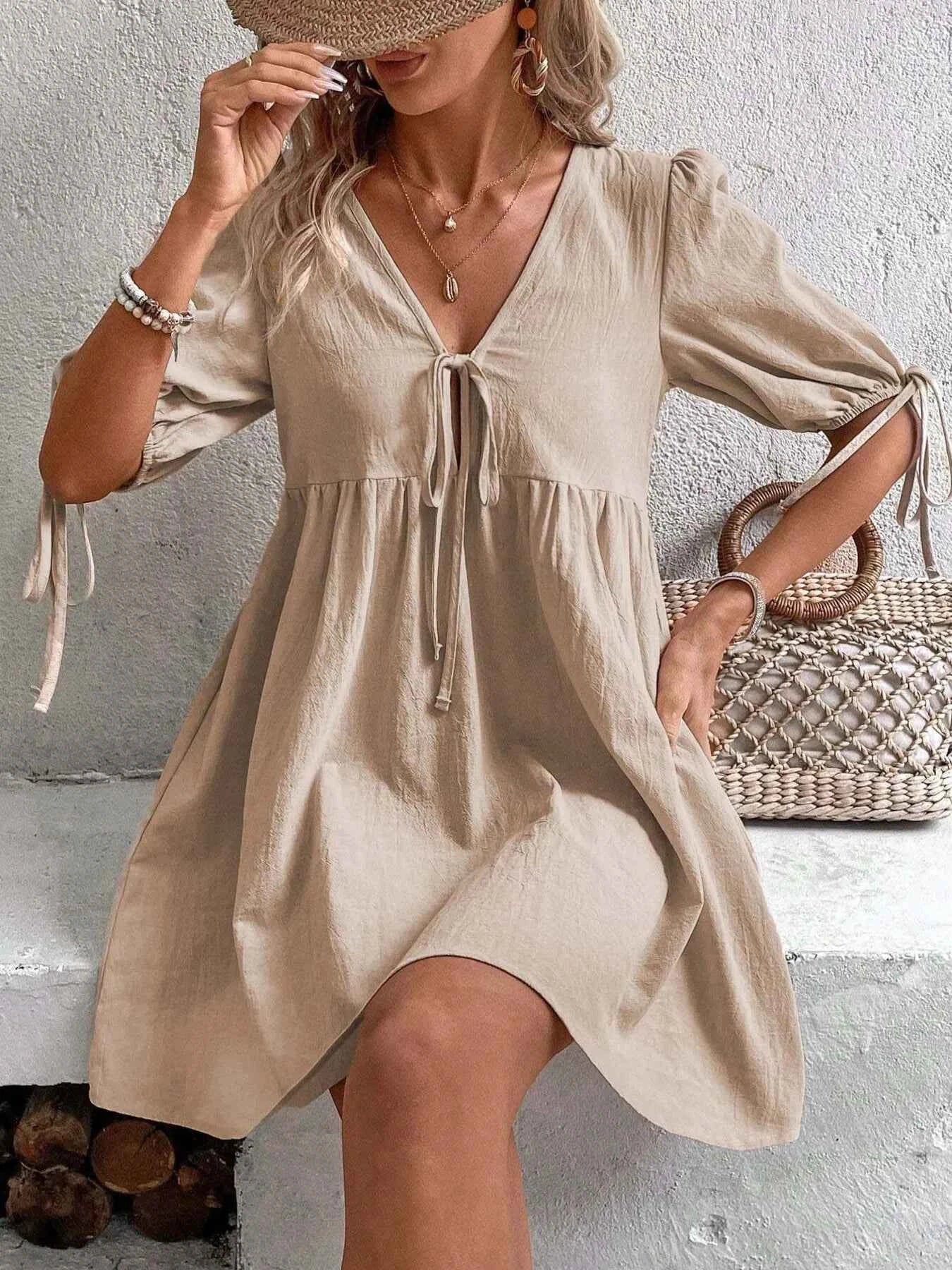 V-Neck Tie-Front Mini Dress with Puff Sleeves
