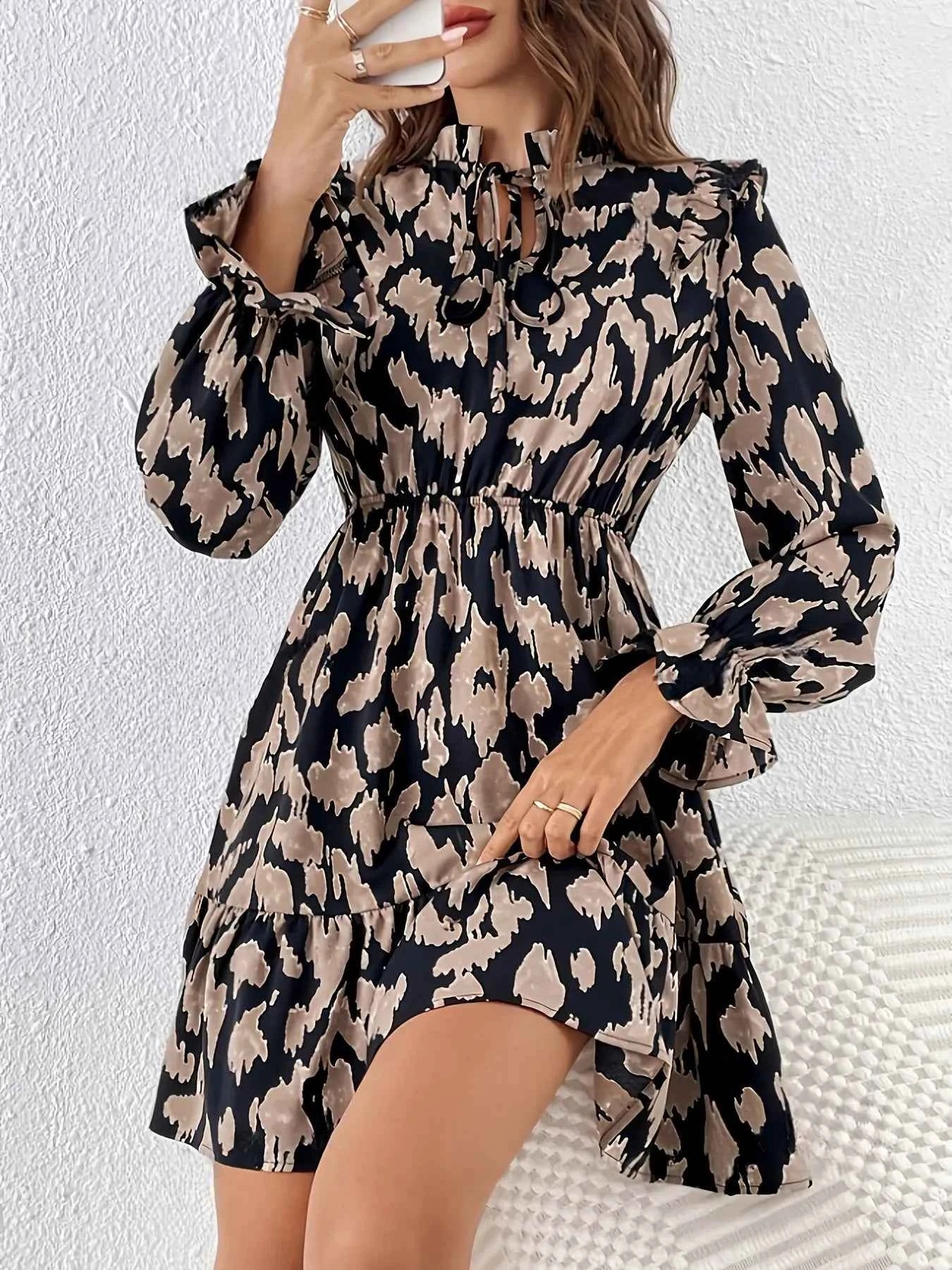 Tie Neck Flounce Sleeve Dress