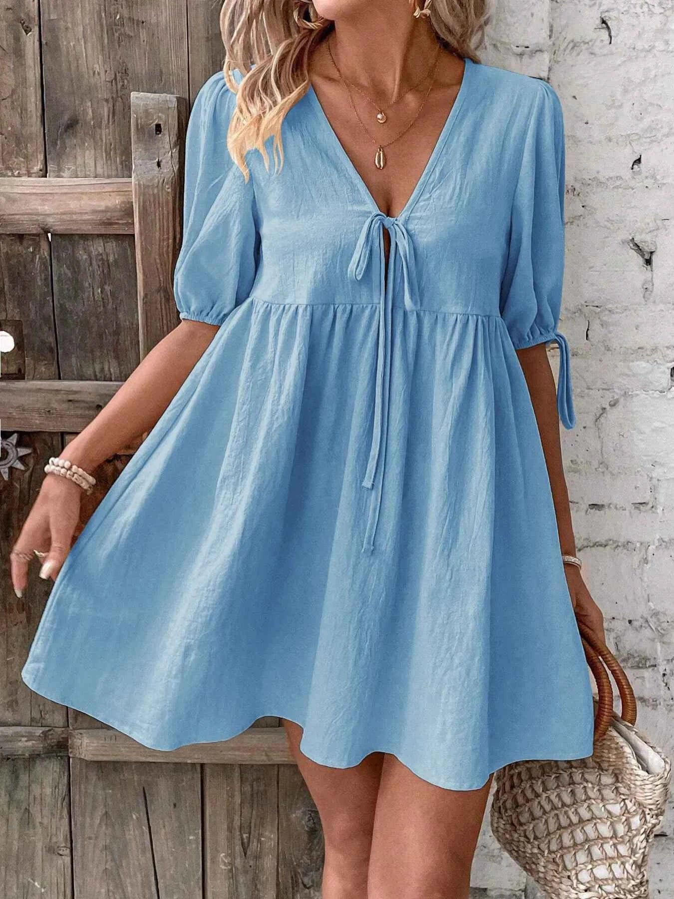 V-Neck Tie-Front Mini Dress with Puff Sleeves
