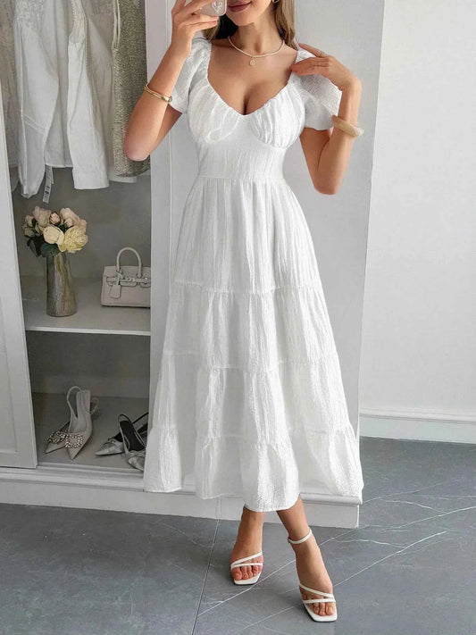 V-Neck Short Sleeve Midi Dress