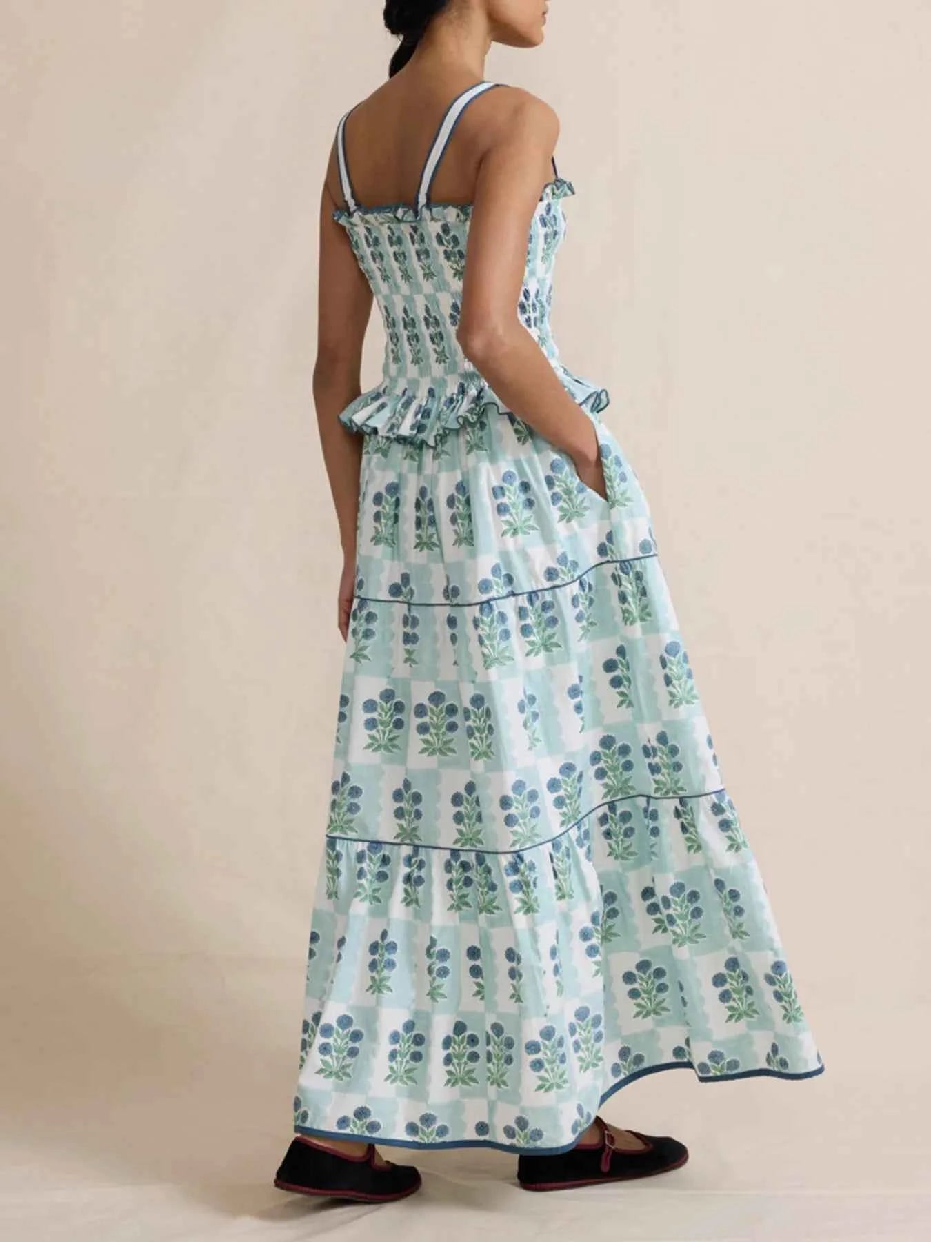Smocked Ruffled Square Neck Maxi Dress